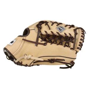 Side view of a tan baseball glove with dark brown lacing and a diamond logo.