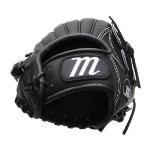 Front view of a black baseball glove with white stitching and a white m logo.