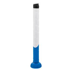 Close-up of the bat handle featuring a blue rounded knob and a two-toned textured grip in blue and white with black finishing tape at the top.