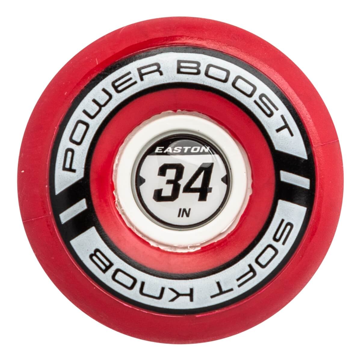 Top-down view of a red softball bat knob with POWER BOOST SOFT KNOB text and EASTON 34 IN branding.