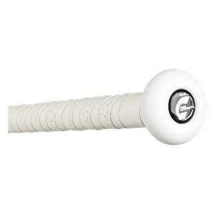 Close-up of a white softball bat grip with a black end cap featuring a white G logo and 28oz FL.