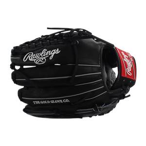 Side view of a black Rawlings baseball glove with white stitching and red Rawlings logo.