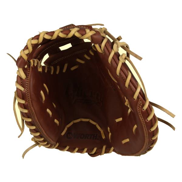 Top-down view of a brown baseball catchers mitt with tan lacing and a WORTH logo.