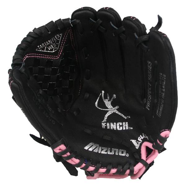 Front view of a black fastpitch mitt with pink stitching, a Finch logo, and Mizuno branding.