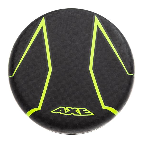 Top-down view of a black baseball bat end with neon yellow geometric accents and AXE logo.
