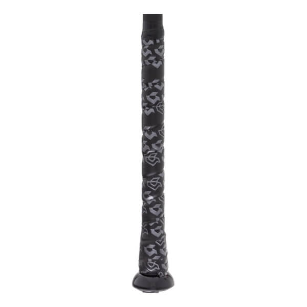 Close-up of a black baseball bat grip with a repeating pattern and a black end cap.