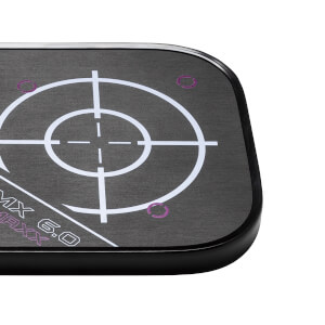 Corner view of a black pickleball paddle with a white target and MAXX 6.0 text.