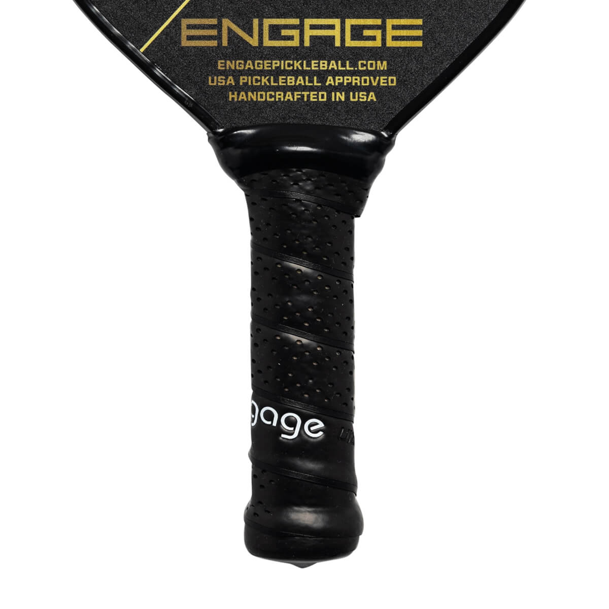 Close-up of a black pickleball paddle grip with perforated texture and Engage text.