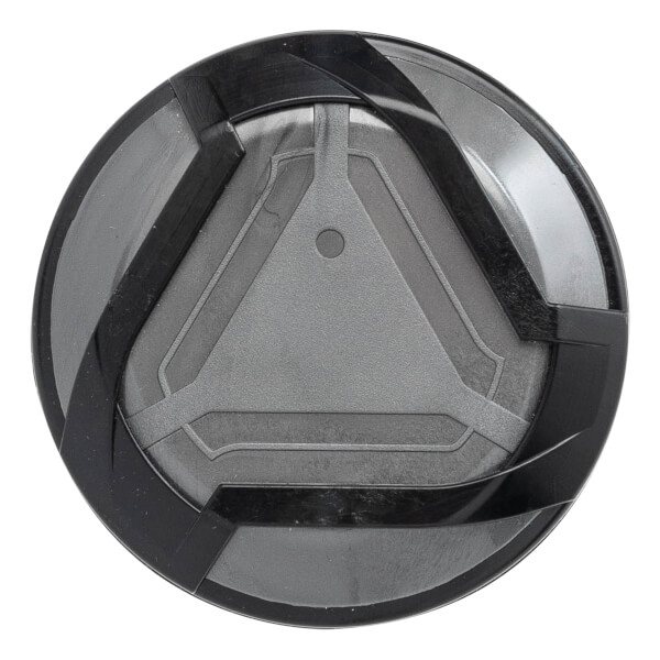 Top-down view of a black and gray baseball bat end cap with a triangular design.