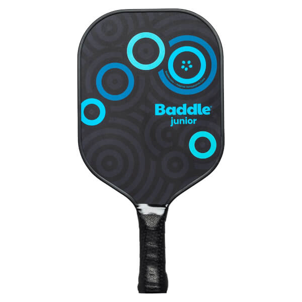 Front view of a black Baddle Junior pickleball paddle with blue circles and grip.