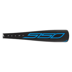 Side view of a black baseball bat with blue 5150 branding and ALLOY text.