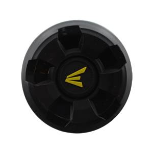Top-down view of a black baseball bat end cap with a yellow Easton logo.