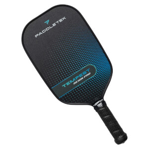 Top-down view of a black pickleball paddle with blue dot pattern and TEMPEST REIGN PRO text.
