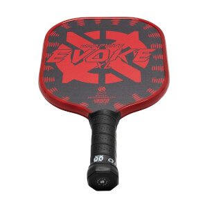 Top-down view of a red pickleball paddle with a black graphite surface, EVOKE XL text, and a black grip.