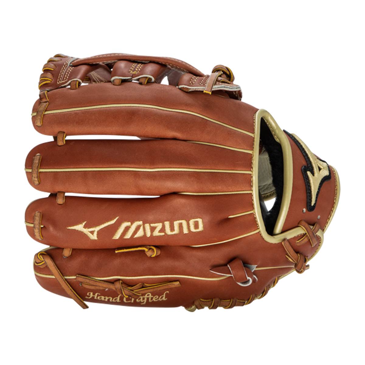 Top-down view of a brown baseball glove with Mizuno branding and Hand Crafted text.