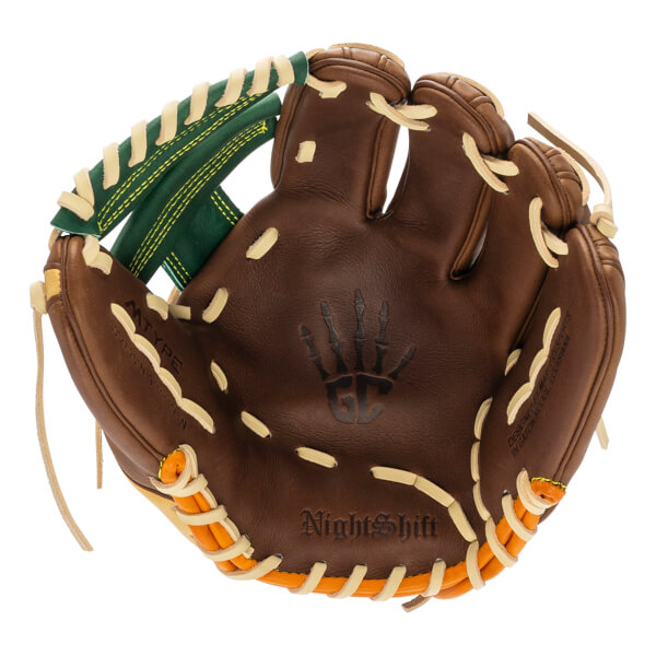 Top-down view of a brown baseball glove with green lining, orange accents, and NightShift text.