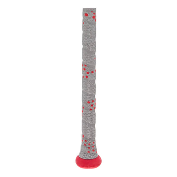 Close-up of a gray baseball bat grip with red speckles and a red knob.