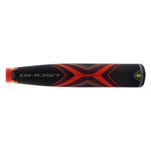 Side view of a black baseball bat with red accents, GHOST and EVOLUTION text, and a -8 marking.