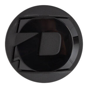 Top-down view of a black softball bat end cap with a raised D logo and textured outer ring.