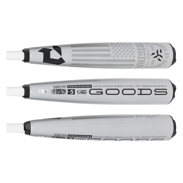 Side view of a silver baseball bat with DEMARINI and The GOODS branding.