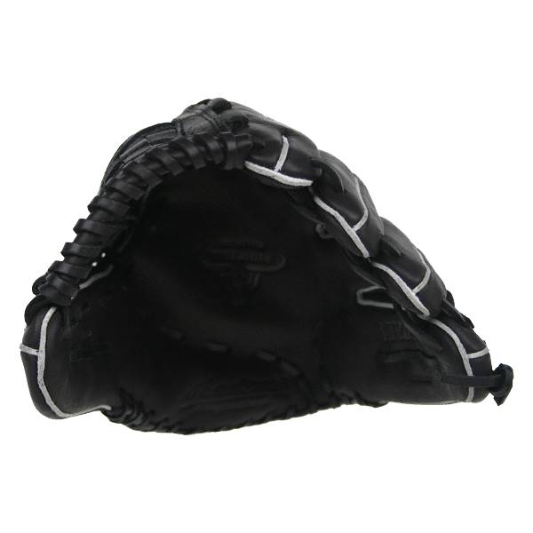 Interior view of a black baseball glove with white stitching and a pocket.