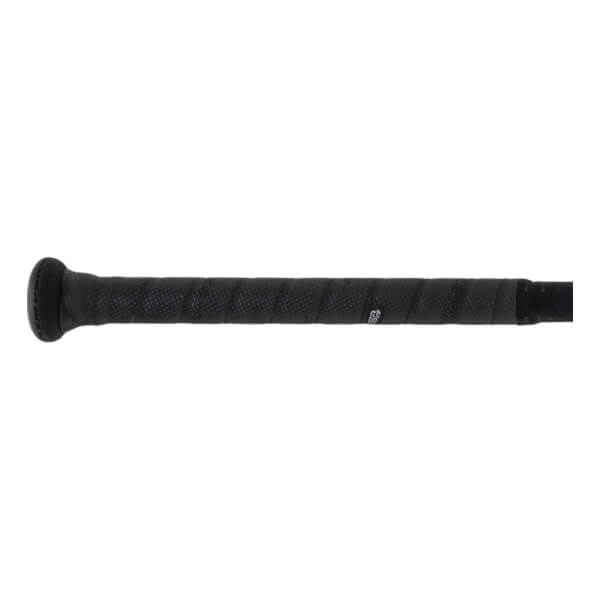 Close-up side view of a black baseball bat handle with textured grip tape and a flared knob.