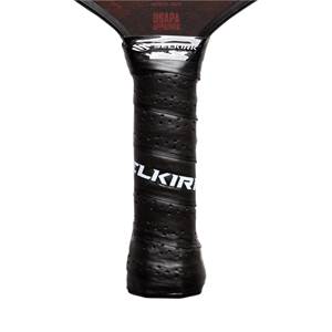 Close-up of a black pickleball paddle grip with white SELKIRK text and USAPA APPROVED stamp.