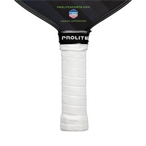 Close-up of a white grip on a black PROLITE pickleball paddle with USAPA APPROVED text.