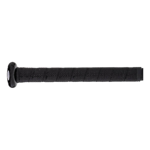Side view of a black baseball bat with a textured grip and a rounded end cap.