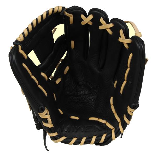 Inside view of a black baseball glove with tan lacing and MIKEN text.