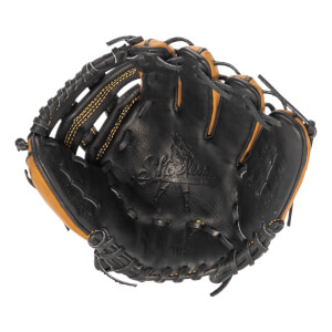 Top-down view of a black baseball glove with tan accents and Shoeless Joe logo.