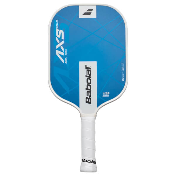 Front view of a blue pickleball paddle with white trim, featuring "Babolat" and "AXS BALLER" text.