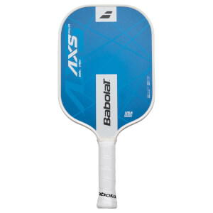 Front view of a blue pickleball paddle with white trim, featuring "Babolat" and "AXS BALLER" text.
