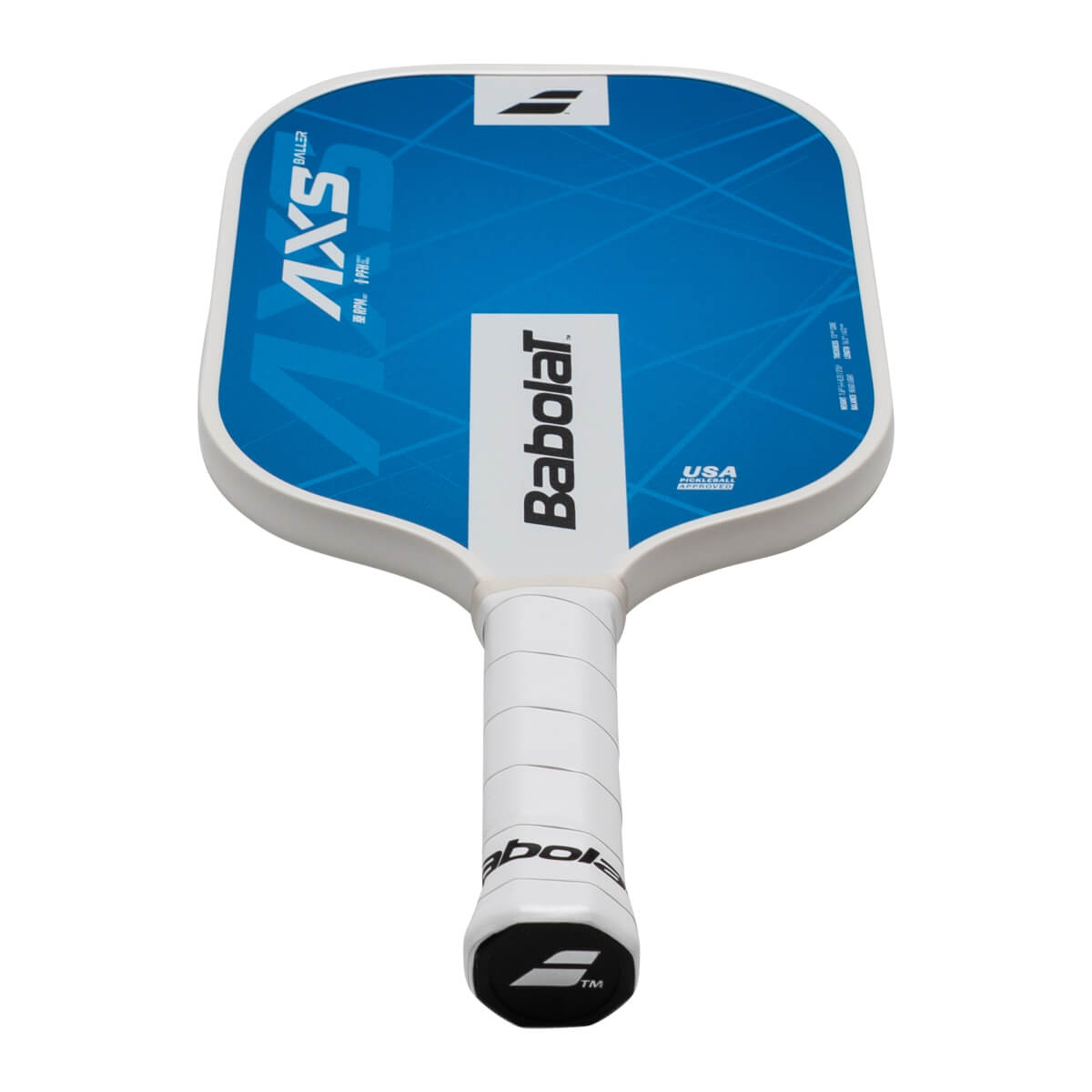 Top-down view of a blue pickleball paddle with white trim, featuring "Babolat" and "AXS BALLER" text.