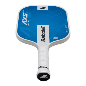 Top-down view of a blue pickleball paddle with white trim, featuring "Babolat" and "AXS BALLER" text.