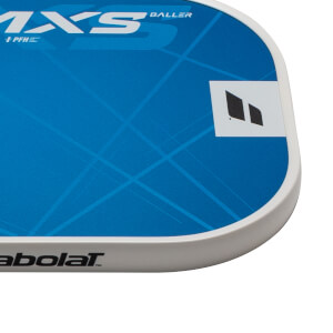 Corner view of a blue paddle with white "MXS BALLER" text and a black logo.
