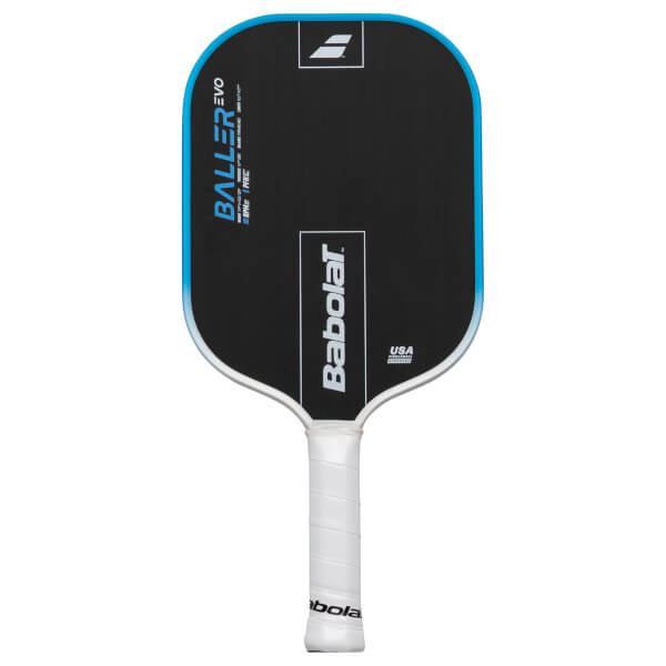 Front view of a black pickleball paddle with blue trim, featuring "BALLER EVO" and "Babolat" logos.