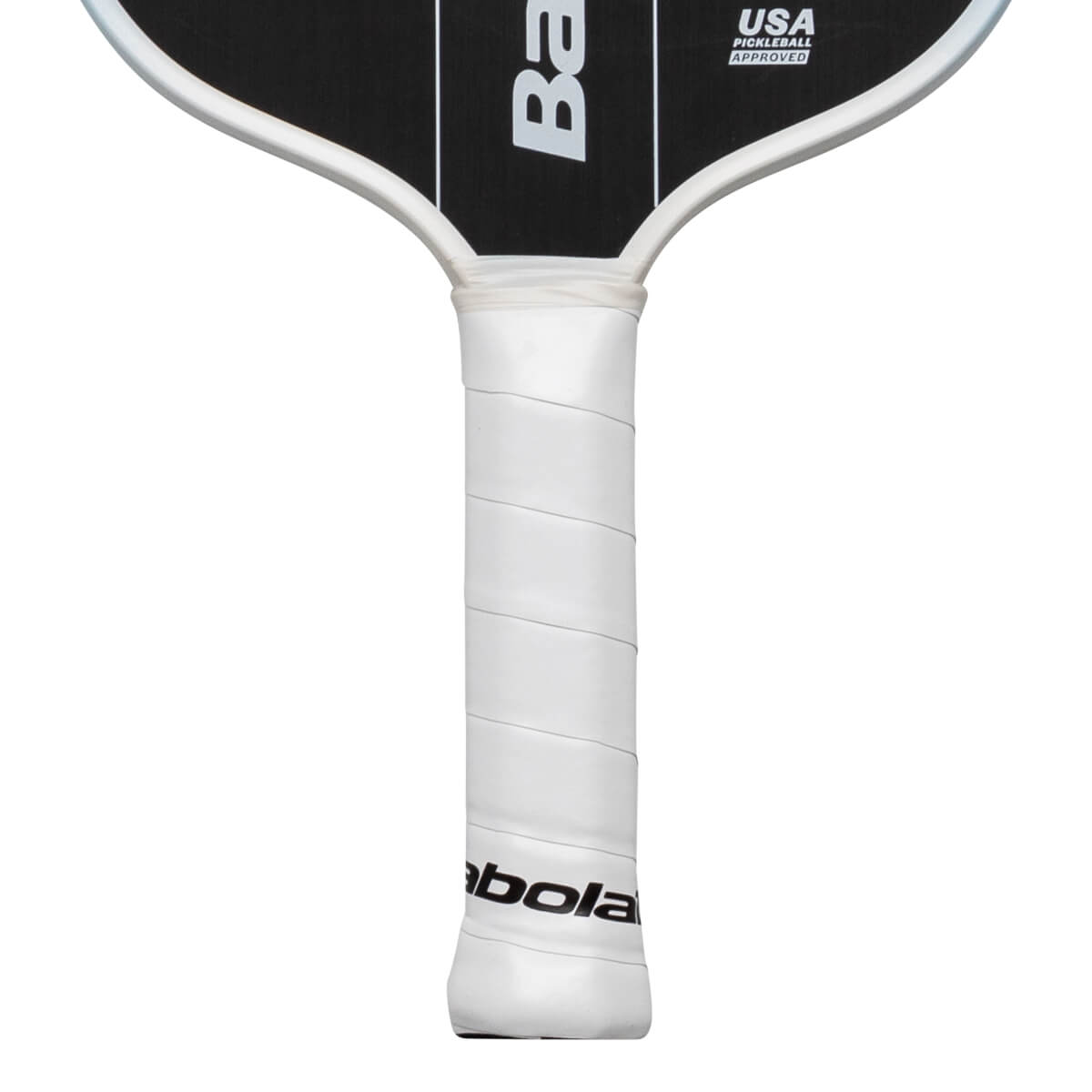 Close-up of a white pickleball paddle grip with "Babolat" logo and "USA PICKLEBALL APPROVED" text.