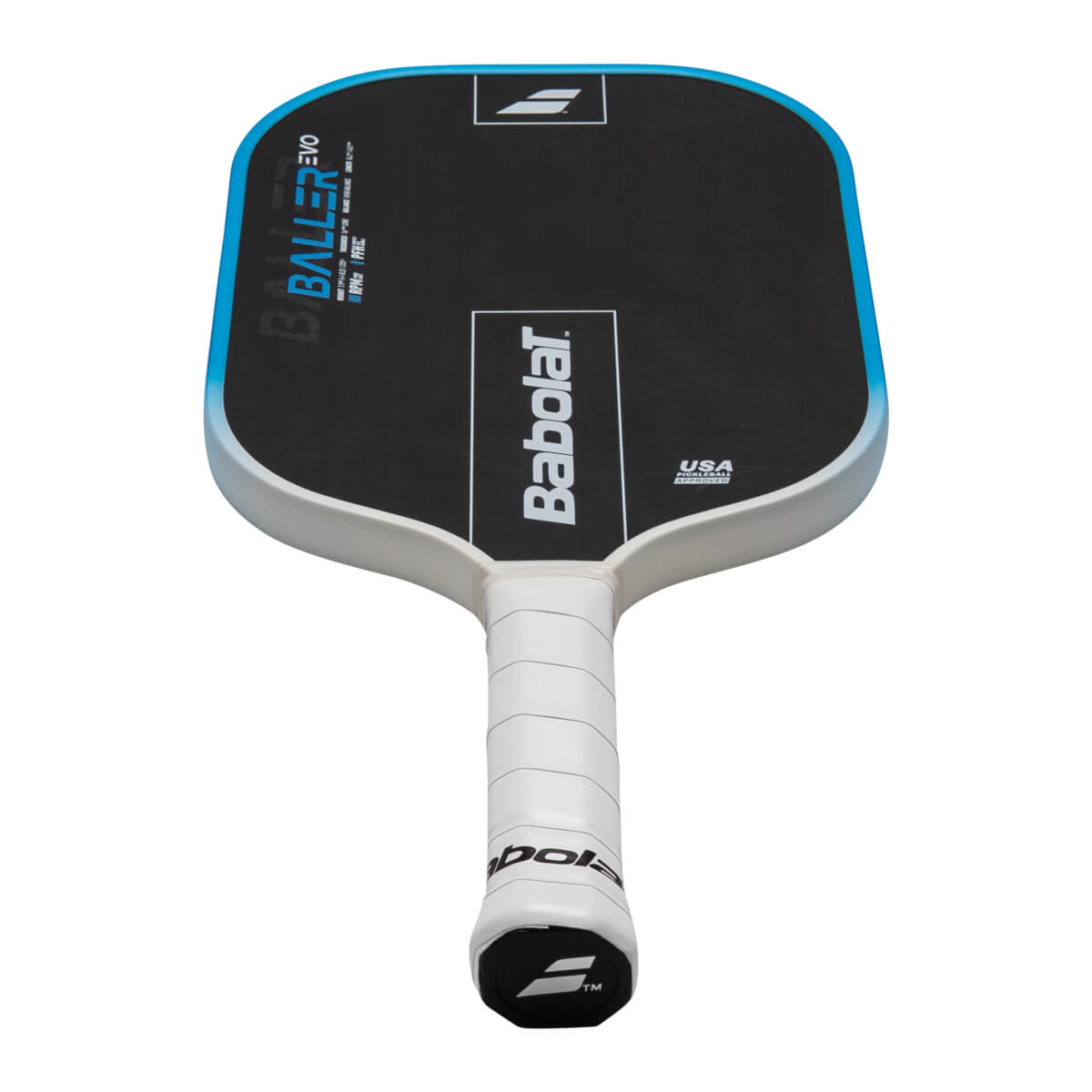 Top-down view of a black pickleball paddle with blue trim, showing "BALLER EVO" and "Babolat" logos.