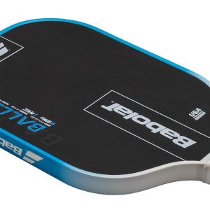 Top-down view of a black pickleball paddle with blue trim, showing the "Babolat" logo and "USA PICKLEBALL APPROVED" text.