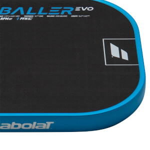 Corner view of a black padel racket with blue trim, showing "BALLER EVO" and "Babolat" text.