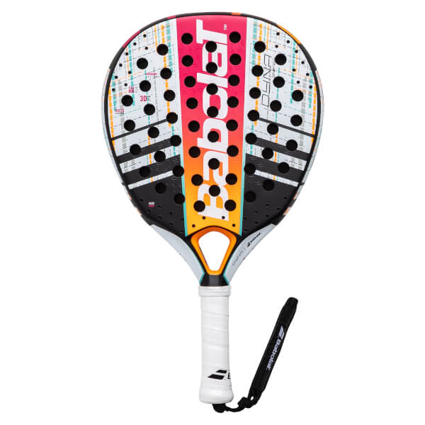 Front view of a multi-colored Babolat Dyna Energy padel racket with a striped pattern, many holes, and white grip.