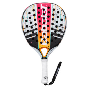 Front view of a multi-colored Babolat Dyna Energy padel racket with a striped pattern, many holes, and white grip.