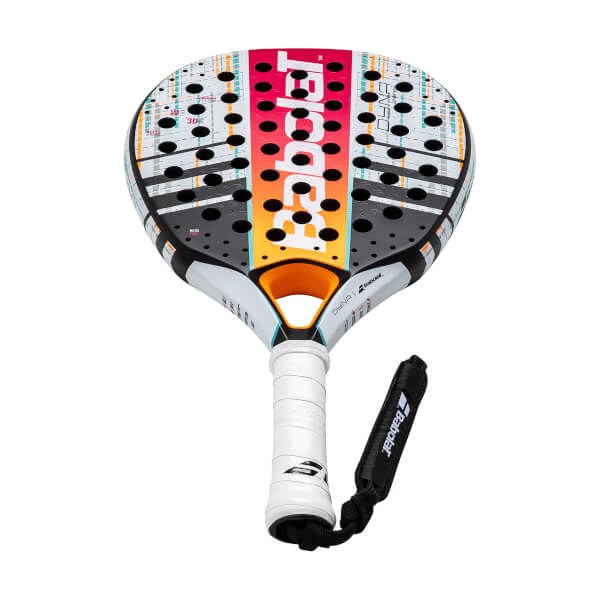 Front view of a multi-colored Babolat padel racket with a striped face, numerous holes, white grip, and black wrist strap.