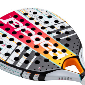 Close-up, angled view of a multi-colored padel racket with a prominent white Babolat logo, black holes, and geometric grid patterns.