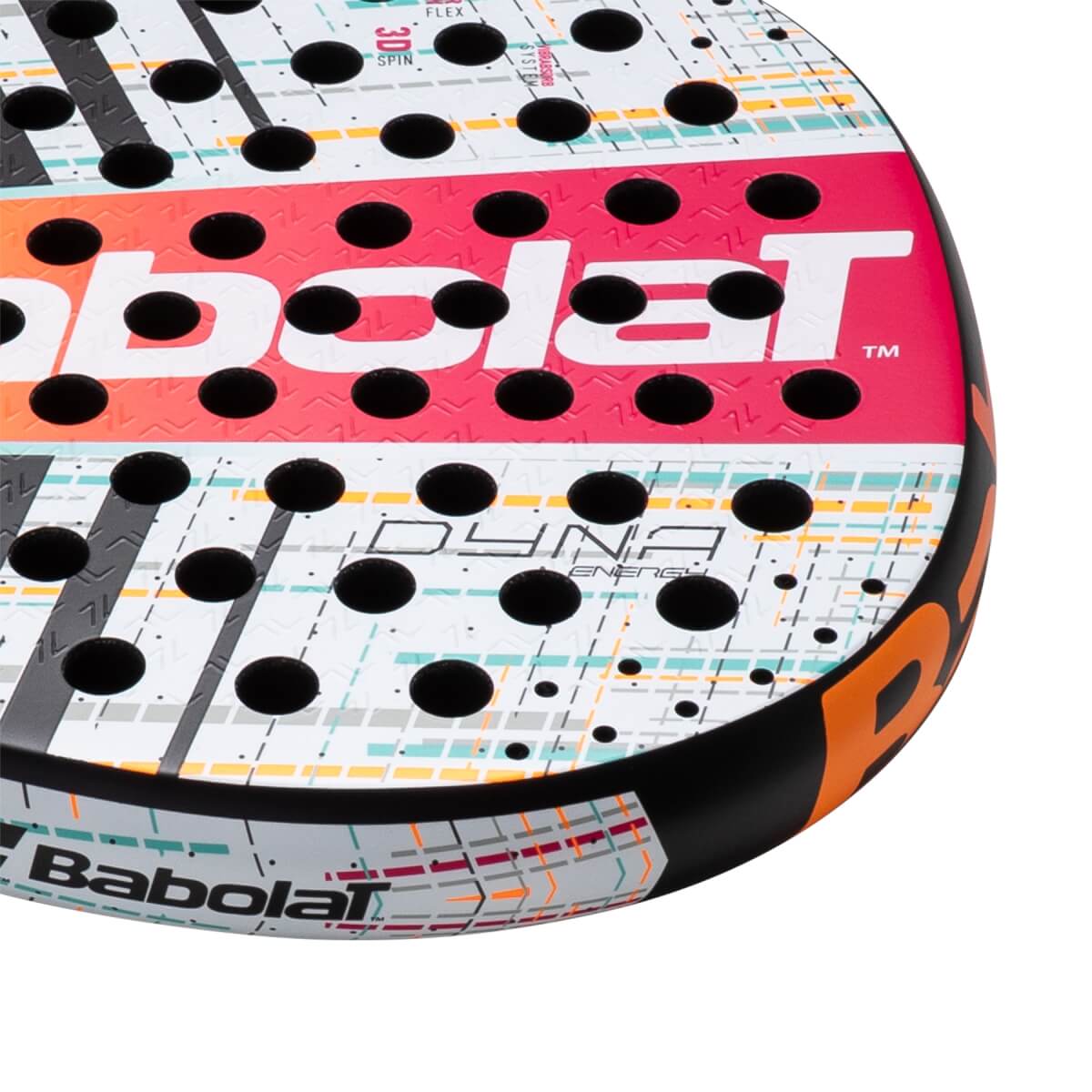 Angled close-up of a white, vibrant pink, and black Babolat padel racket with many holes and DYNA ENERGY text.