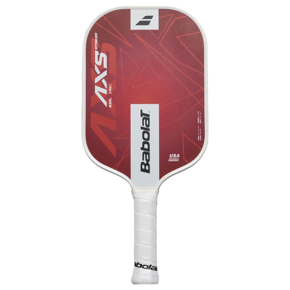 Front view of a red Babolat AXS STRIKER pickleball paddle with white grip and geometric pattern.