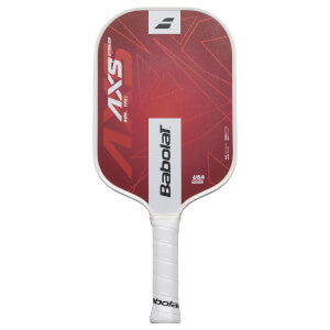 Front view of a red Babolat AXS STRIKER pickleball paddle with white grip and geometric pattern.