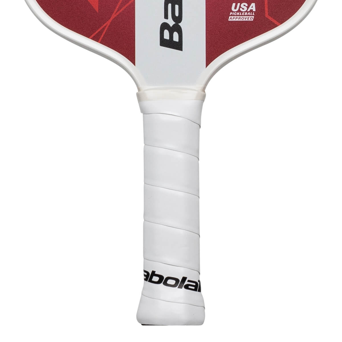 Close-up of the handle showing white grip tape and the "Babolat" logo.
