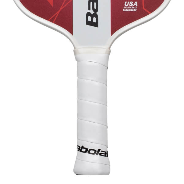 Close-up of the handle showing white grip tape and the "Babolat" logo.